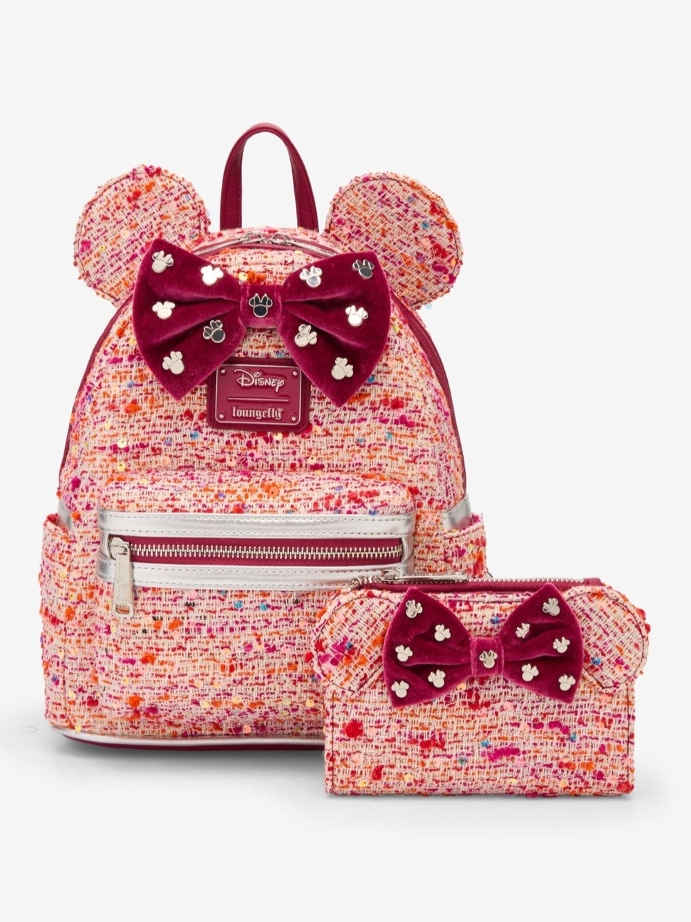✨ NWT Loungefly Disney MDisney x Loungefly Pink Tweed Mini Backpack & Wallet Set
